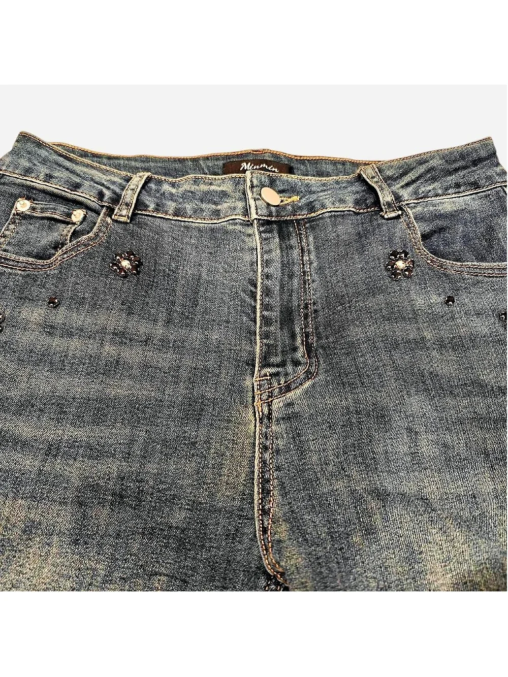 Embellished Stretch Denim Jeans – High Waist, Flared Fit  Stylish medium-wash je